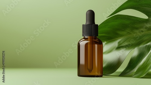 Amber dropper bottle with black lid beside a green leaf on a light green background.