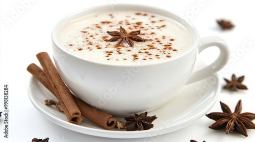 A creamy beverage topped with spices, served in a white cup, ideal for cozy moments.