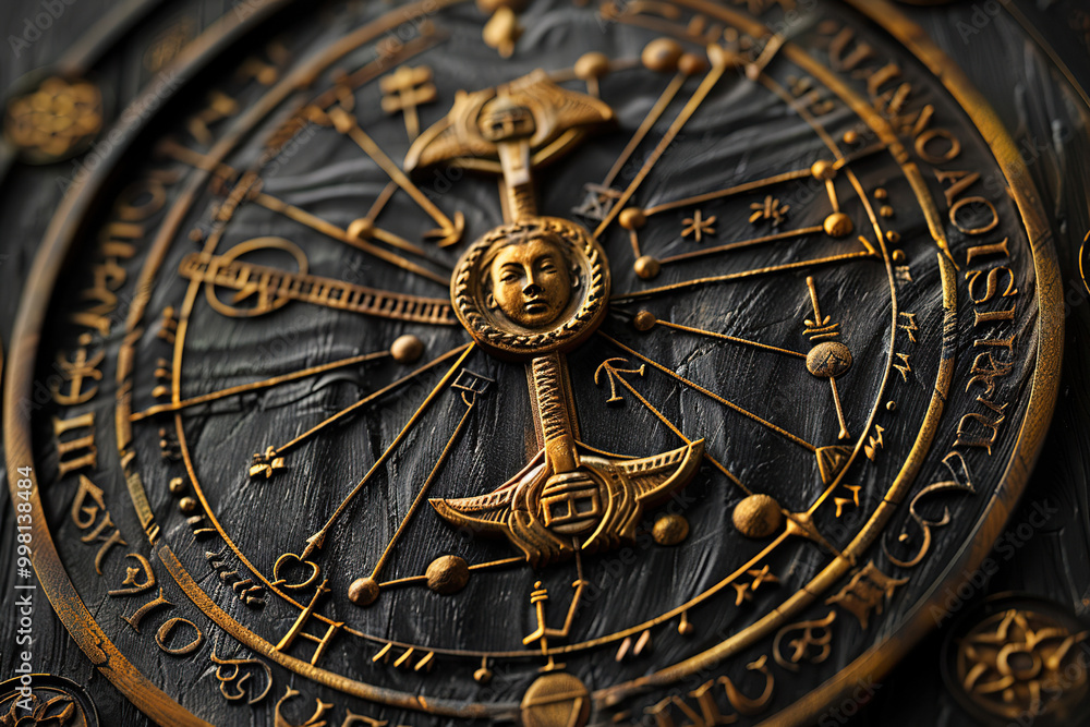 Obraz premium Astrological composition with zodiac circle in signs and symbols