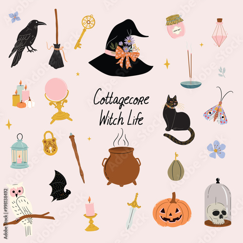 Set of Halloween theme witch elements. mystical sorcery and witchcraft items such as cauldron, potion, candles, witch hat, skull and Broom. Perfect for sticker making. 