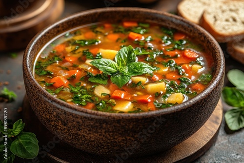 A bowl of hearty vegetable soup with fresh basil, served with crusty bread.