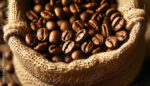 Rustic vintage coffee theme featuring close-up coffee beans in a sack against a textured background photo