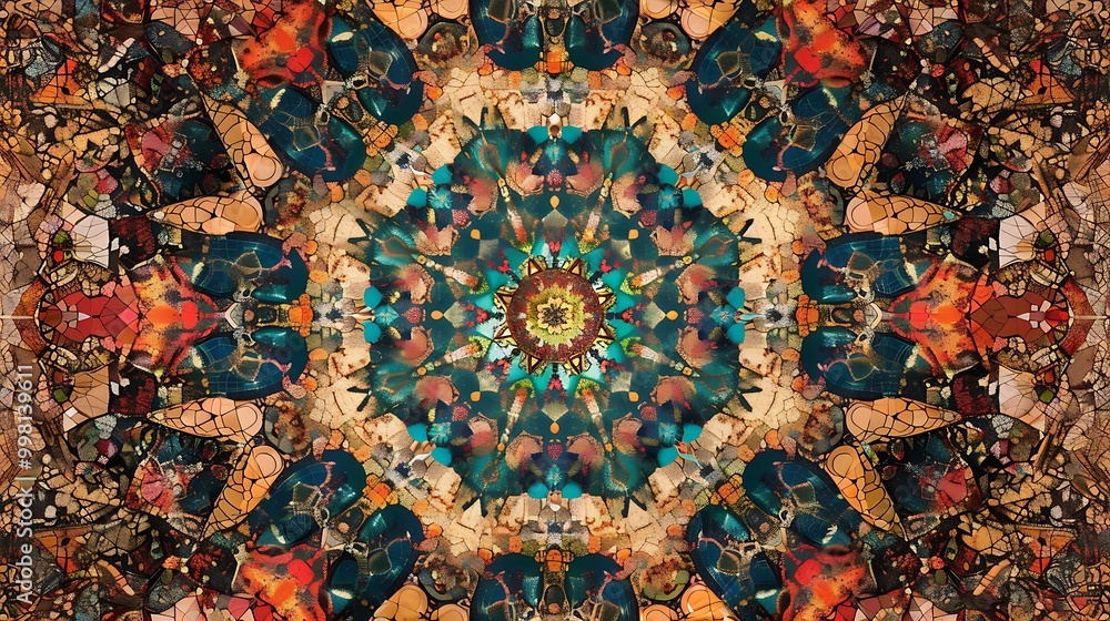 A decorative mosaic of a mandala design, with intricate patterns and vibrant colors radiating outwards in symmetrical layers of carefully placed tiles. 8k UHD, suitable for high-quality printing A decorative mosaic of a mandala design, with intricate patterns and vibrant colors radiating outwards in symmetrical layers of carefully placed tiles. 8k UHD, suitable for high-quality printing