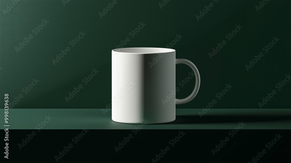 Minimalist plain white ceramic mug centrally positioned on a dark green surface with matching background emphasizing the clean and modern aesthetic Minimalist plain white ceramic mug centrally positioned on a dark green surface with matching background emphasizing the clean and modern aesthetic