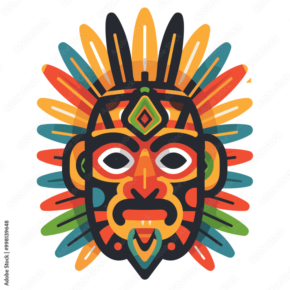 Fototapeta premium A colorful mask with a man's face on it. The mask is decorated with feathers and has a tribal look to it Latino American style