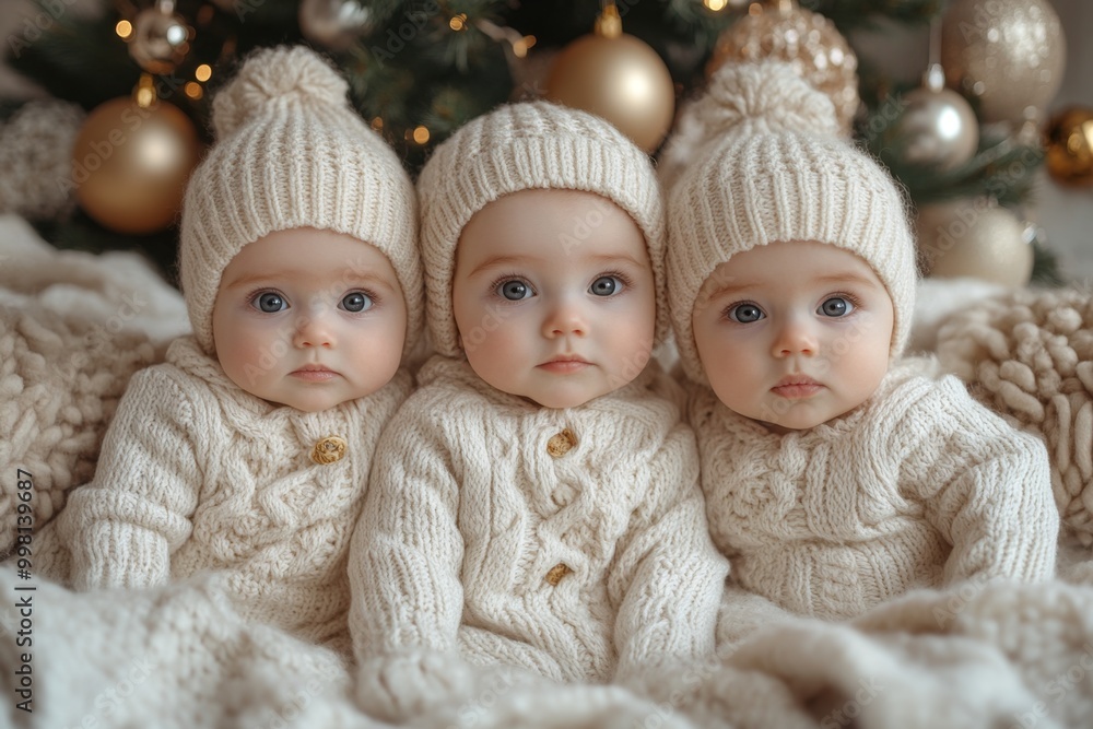 Triplets. Three cute baby triplets in white knitted hats on Christmas tree background.