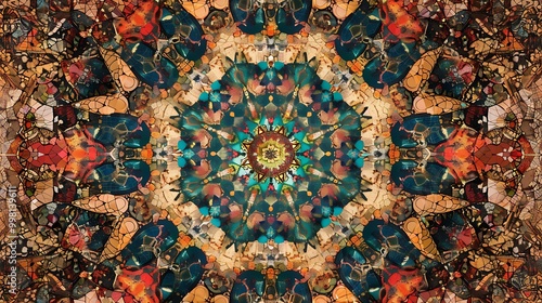 A decorative mosaic of a mandala design, with intricate patterns and vibrant colors radiating outwards in symmetrical layers of carefully placed tiles. 8k UHD, suitable for high-quality printing 