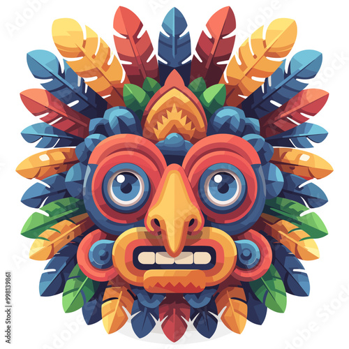 A colorful mask with feathers and a big eye. The mask has a creepy, scary look to it Latino American style