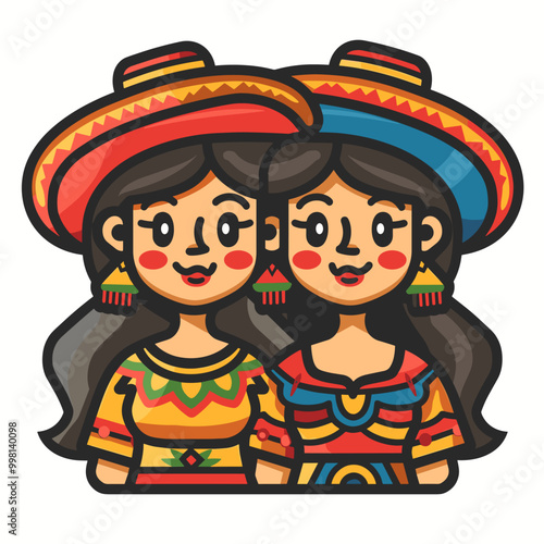 Two women wearing colorful hats and dresses. They are smiling and looking at the camera. The image has a cheerful and friendly vibe Latino American style