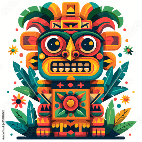 A colorful, cartoonish figure with a big smile on its face. The figure is surrounded by green leaves and flowers, giving it a tropical vibe Latino American style