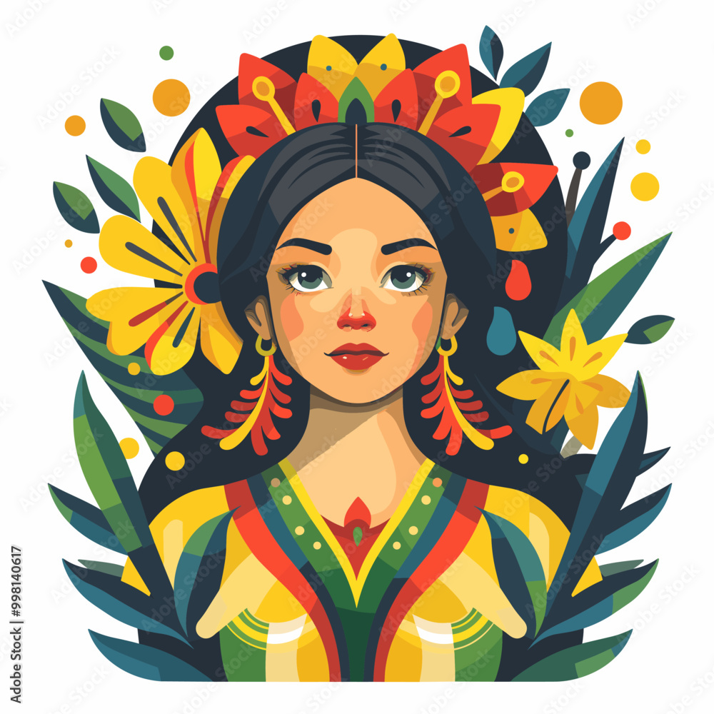 A woman with a flower crown on her head. She is wearing a yellow dress and has red earrings Latino American style A woman with a flower crown on her head. She is wearing a yellow dress and has red earrings Latino American style