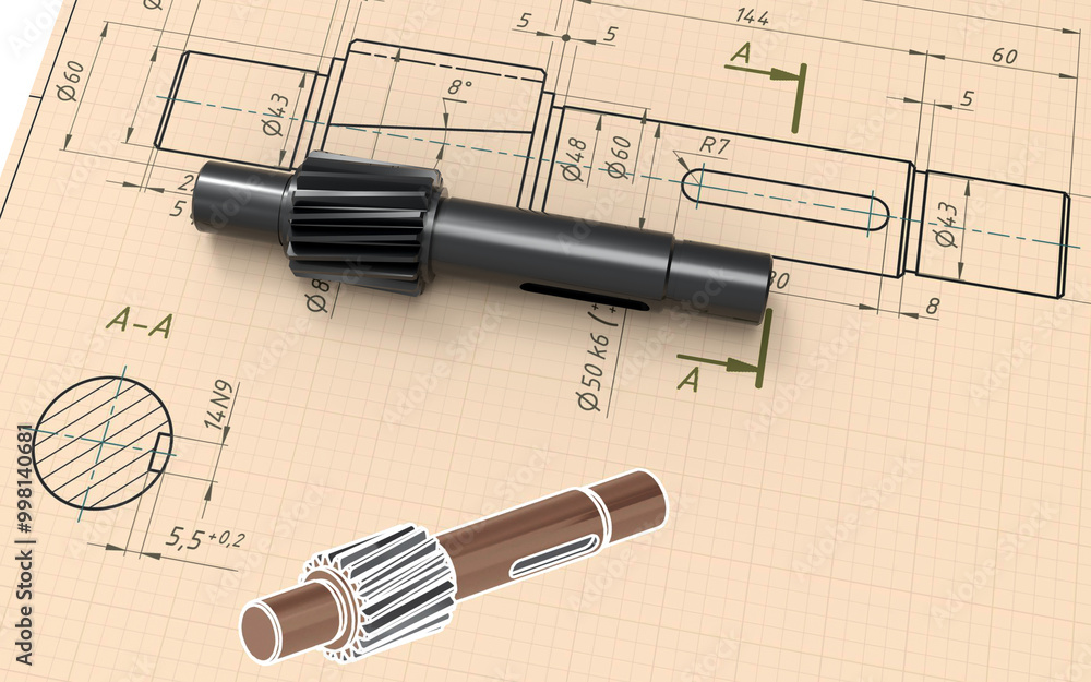 3D rendering - black shaft over a 2D drawing