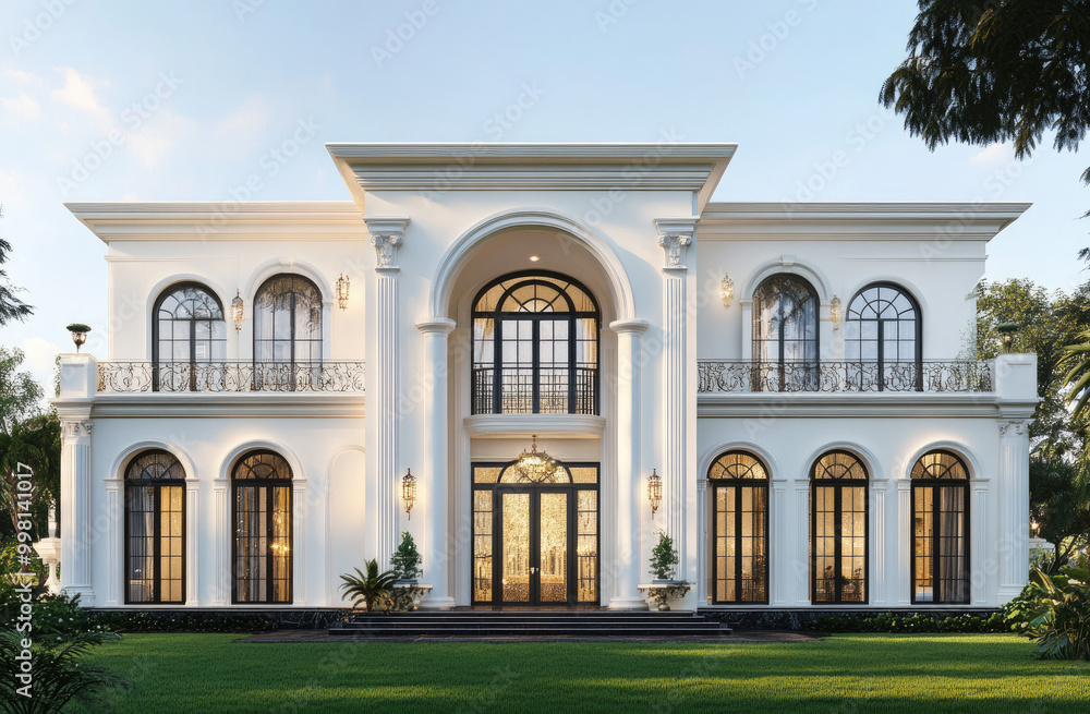 Fototapeta premium 3D rendering of a two-story villa, with white walls featuring simple decorative elements and black windows