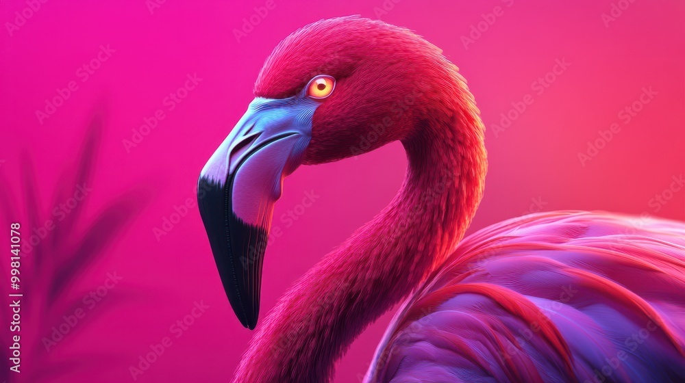 Obraz premium A vibrant, stylized flamingo with glowing features against a pink neon backdrop.