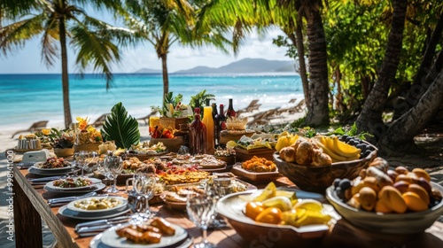 A tropical Easter brunch feast on the private island of Necker Island, British Virgin Islands, hosted by Sir Richard Branson. photo