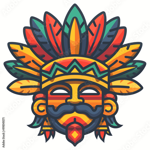 A colorful Indian head with a feathery hat and mustache. The man's face is obscured by a mask Latino American style