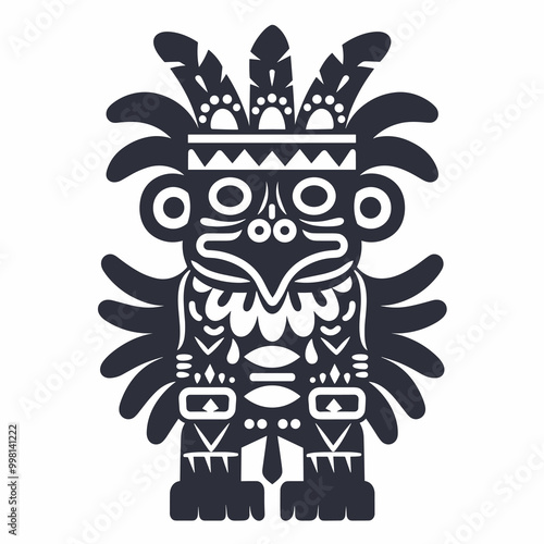 A black and white drawing of a man with feathers on his head. The man is wearing a headdress and has a bird on his head Latino American style