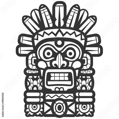 A black and white drawing of a man with a big smile on his face. The man is wearing a feather headdress and has a big smile on his face Latino American style