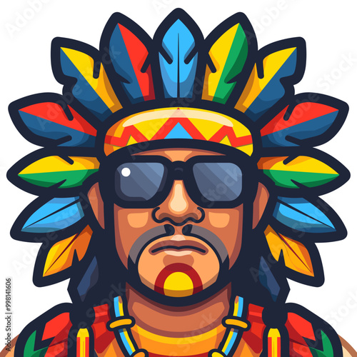 A man wearing a colorful headdress and sunglasses