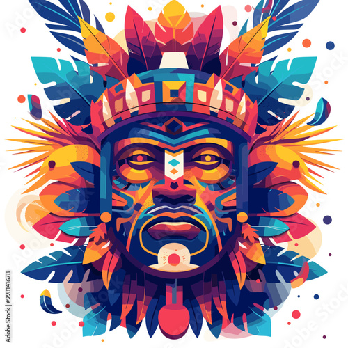 A colorful drawing of a man with a feather headdress and a mask. The man's face is surrounded by a lot of foliage, and the colors are bright and vibrant. The image has a lively Latino American style