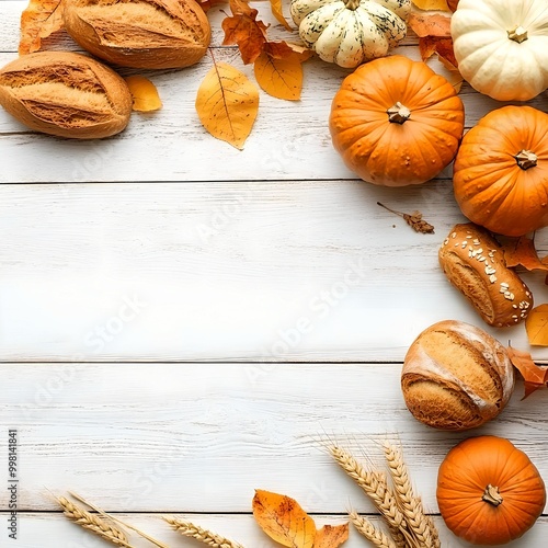 autumn leaves and multicoloured  pumpkins, bread, wheat, on white wooden background. Thanksgiving day card