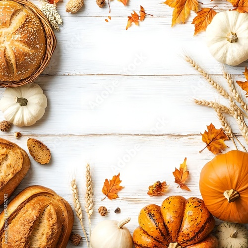 autumn leaves and multicoloured  pumpkins, bread, wheat, on white wooden background. Thanksgiving day card