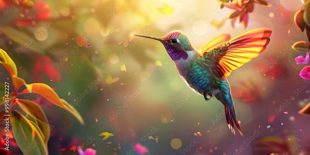 A hummingbird with a colorful wing that says A hummingbird with a colorful wing that says