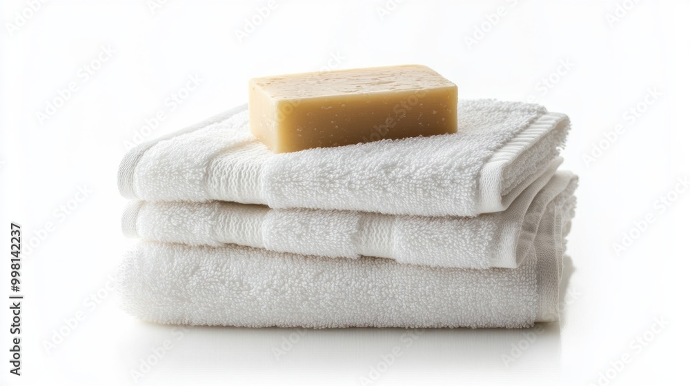 A folded white towel stack with a bar of soap on top, isolated on a white background A folded white towel stack with a bar of soap on top, isolated on a white background