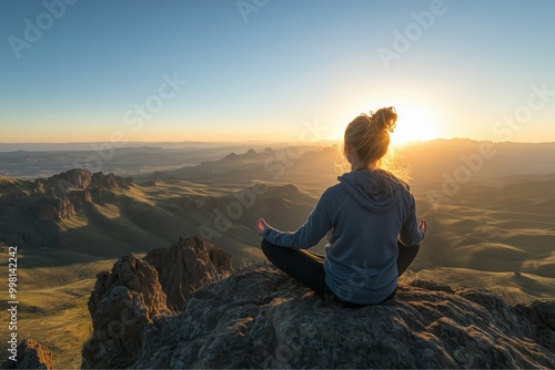 A female sitting on a rocky outcrop with their back to the camera, facing a sunrise over a vast, mountainous landscape.
