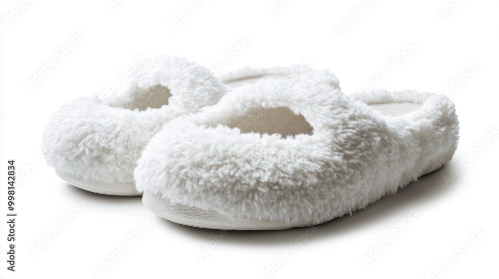 A pair of fluffy white slippers, isolated on a white background A pair of fluffy white slippers, isolated on a white background