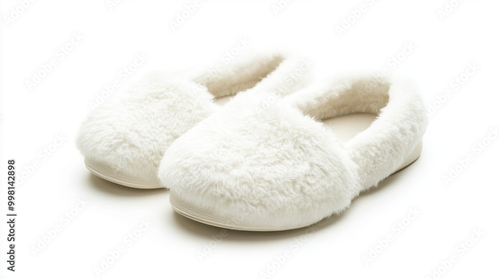A pair of fluffy white slippers, isolated on a white background A pair of fluffy white slippers, isolated on a white background
