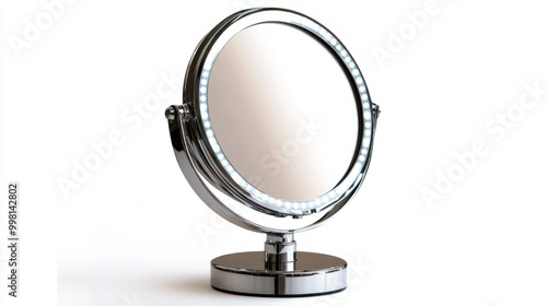 A makeup mirror with built-in lighting, isolated on a white background