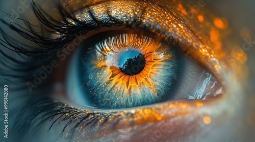 Close-up of a sparkling blue eye with a reflection of a forest in the iris.