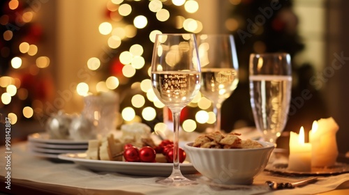 Festive Table Setting with Sparkling Wine and Festive Lights