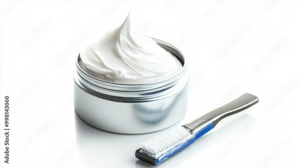 A shaving cream can with a razor beside it, isolated on a white background A shaving cream can with a razor beside it, isolated on a white background