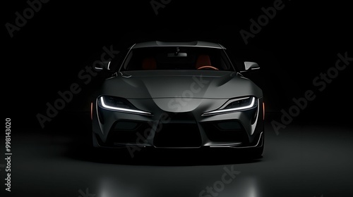 Sports black car in the dark. Black studio background, backlight only from headlights and a slight bloody light