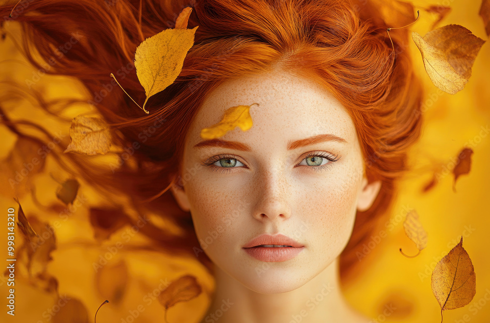 A beautiful woman with red hair, her head tilted back and eyes closed as leaves swirl around her on an orange background. A beautiful woman with red hair, her head tilted back and eyes closed as leaves swirl around her on an orange background.