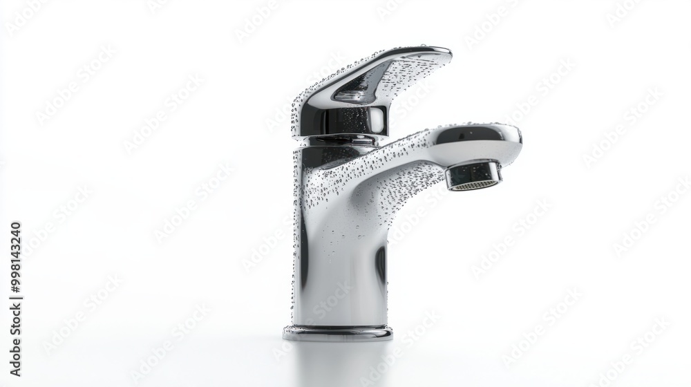 A sleek silver faucet with water droplets, isolated on a white background A sleek silver faucet with water droplets, isolated on a white background
