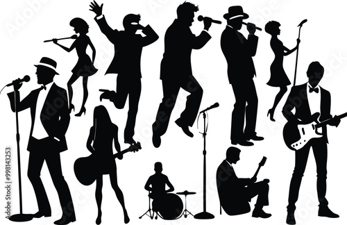 Set of black singer silhouettes, Set of black musicians silhouettes, Musicians vector silhouette set, Singer silhouette vector illustration on black and white.