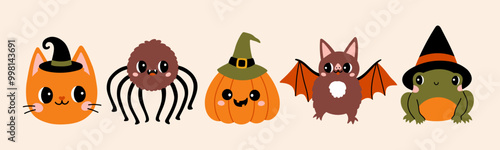 Cute Halloween character set design. Halloween character cat in witch hat, spider, pumpkin, bat and frog.