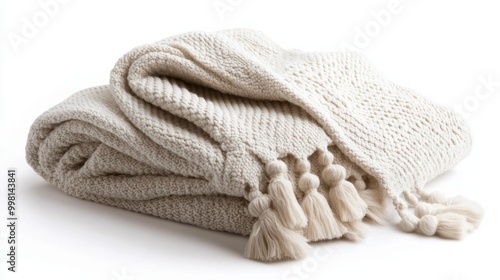 A decorative throw blanket with tassels, folded, isolated on a white background photo