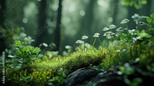 Delicate White Flowers Emerging from a Lush Green Moss Bed in a Forest