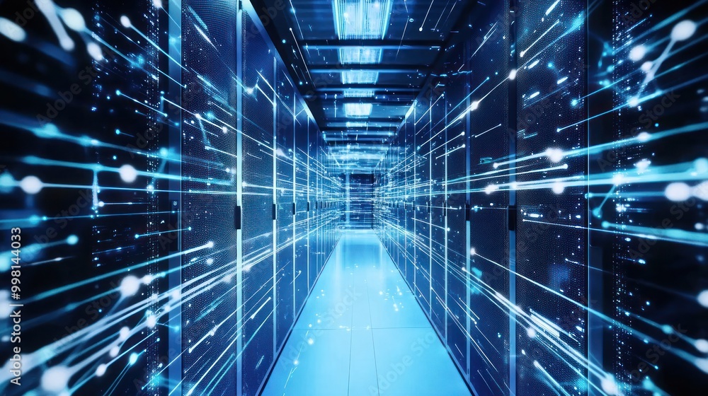 Server Room with Glowing Network Connections Server Room with Glowing Network Connections