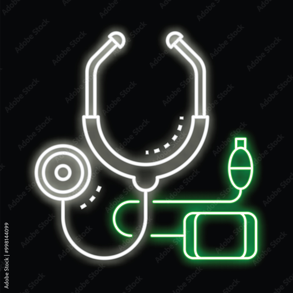 Neon icon of a stethoscope and blood pressure cuff glowing on a black background Neon icon of a stethoscope and blood pressure cuff glowing on a black background