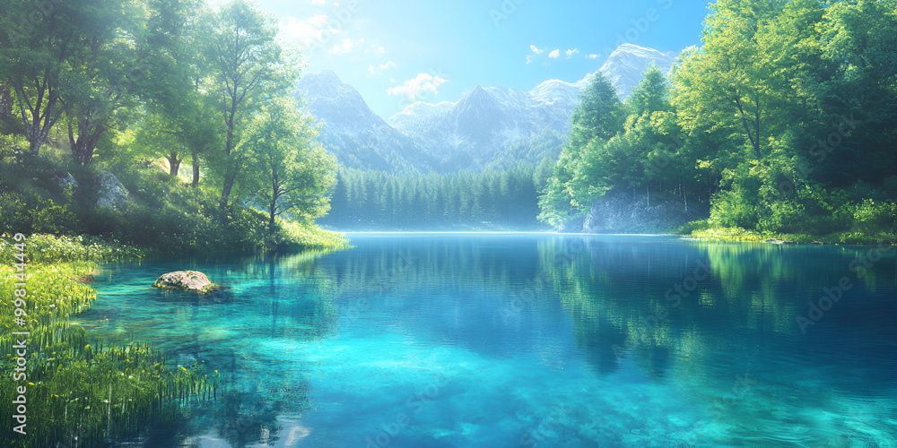 Obraz premium Misty Mountain Lake Landscapemisty, mountain, lake, landscape, nature, serene, tranquil, forest, water, reflection, trees, scenic, wilderness, natural, beauty, calm, peaceful, green, morning, fog, out