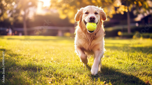 Golden Retriever Running with Tennis Ball in Sunlit Field