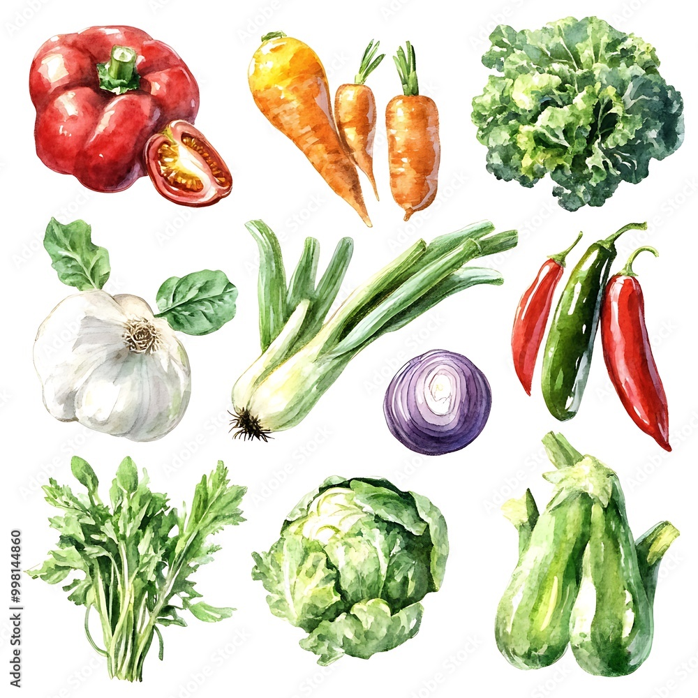 Watercolor painted collection of vegetables white background Watercolor painted collection of vegetables white background