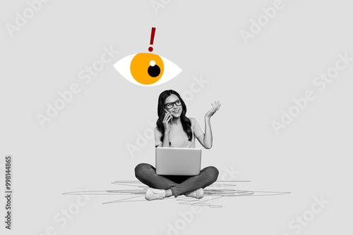 Composite creative art collage of happy girl hold phone speak laptop eyeball control spy third eye isolated on painted background photo