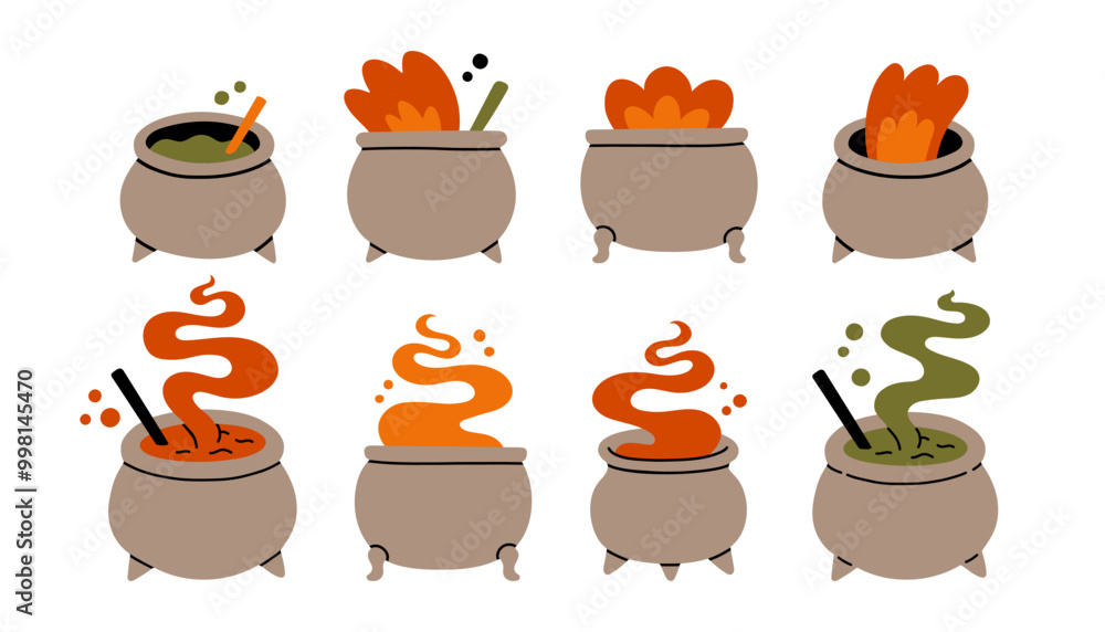 Halloween cauldron set. Flat cartoon icons. Vector illustration of cauldrons different shapes and sizes Halloween cauldron set. Flat cartoon icons. Vector illustration of cauldrons different shapes and sizes