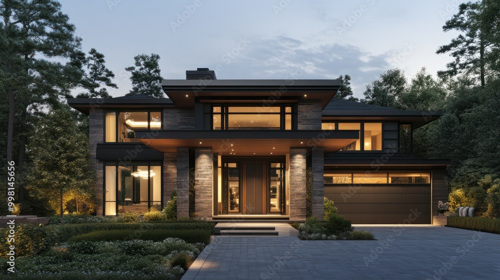 Contemporary exterior of home with dark ceramic tiles as siding of house and tall front door. Generative AI Contemporary exterior of home with dark ceramic tiles as siding of house and tall front door. Generative AI